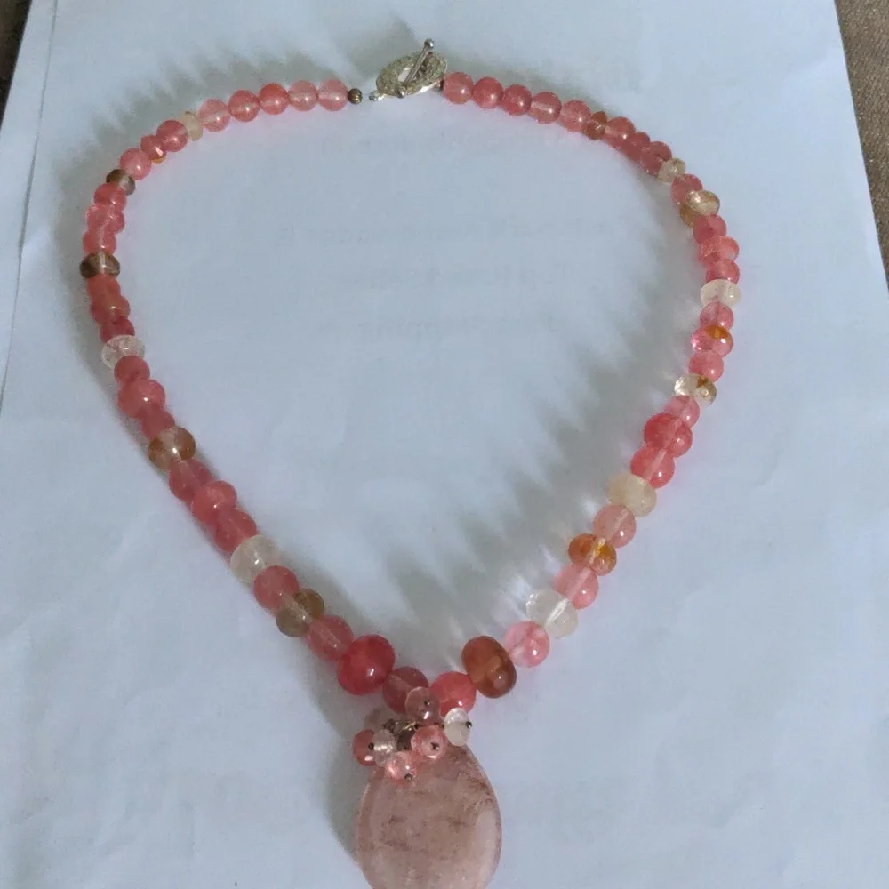Pink Cherry Quartz Beaded Peny Necklace, New, Pastel,  Party, Dressy - Picture 2 of 8